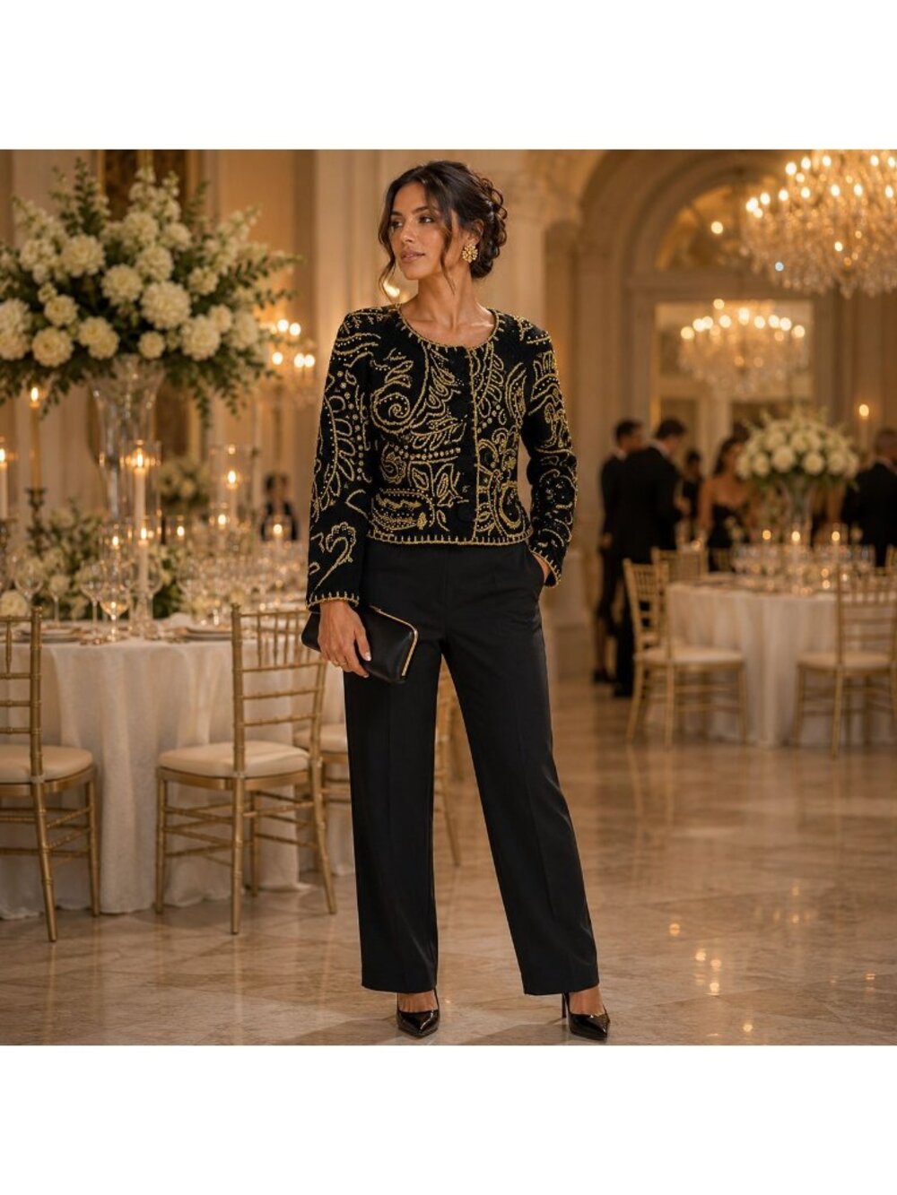 VTG Women Small Black Gold Luxury Statement Beaded Embroidered Evening Cardigan